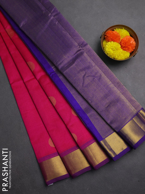 Silk cotton saree pink and violet with rudharaksha zari woven buttas and zari woven border
