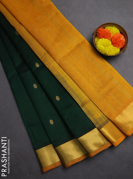 Silk cotton saree bottle green and mango yellow with zari woven buttas and zari woven border