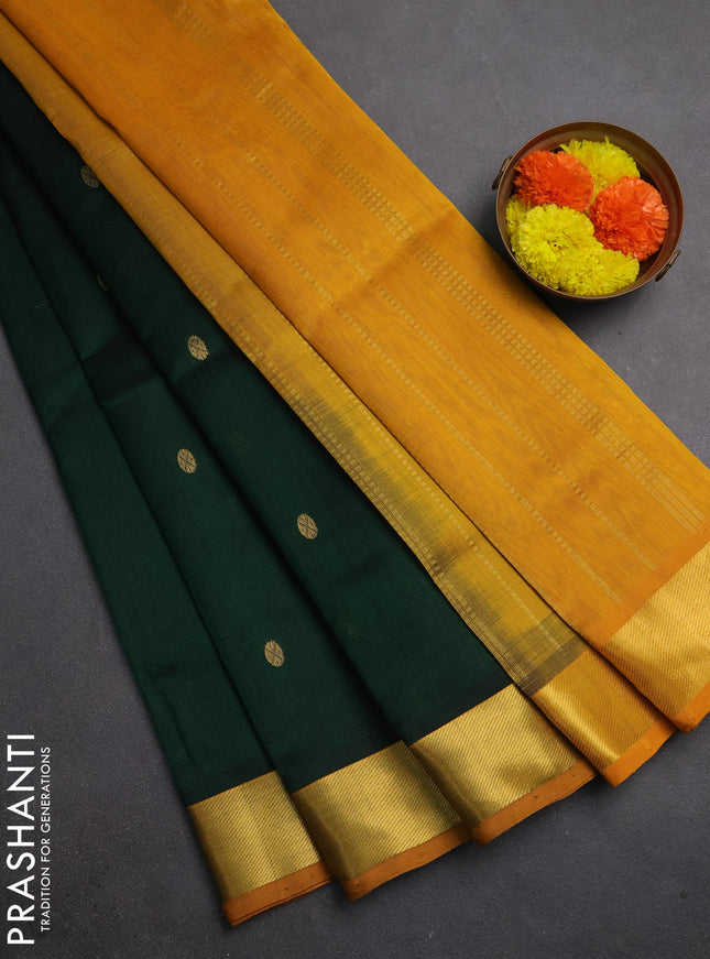 Silk cotton saree bottle green and mango yellow with zari woven buttas and zari woven border