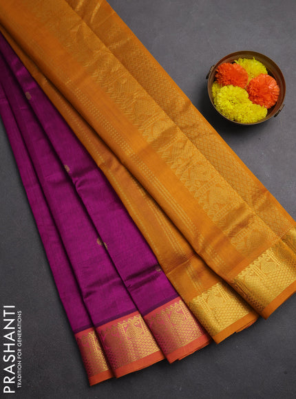 Silk cotton saree dark magenta and mustard yellow with zari woven buttas and zari woven border