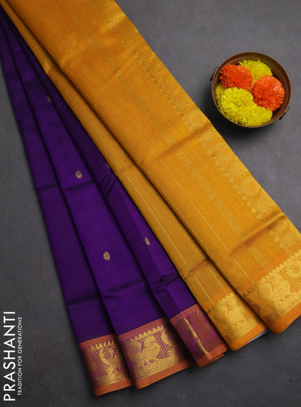 Silk cotton saree violet and mustard yellow with zari woven buttas and annam zari woven border