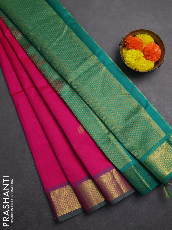 Silk cotton saree pink and teal green with zari woven buttas and zari woven border