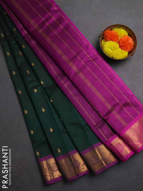 Silk cotton saree dual shade of bottle green and purple with zari woven buttas and peacock zari woven border