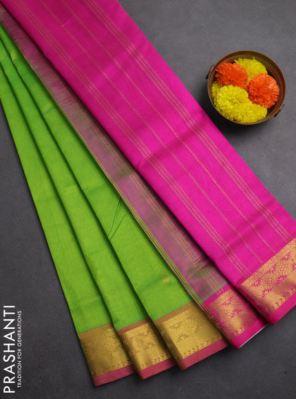 Silk cotton saree parrot green and pink with zari woven paisley buttas and zari woven border
