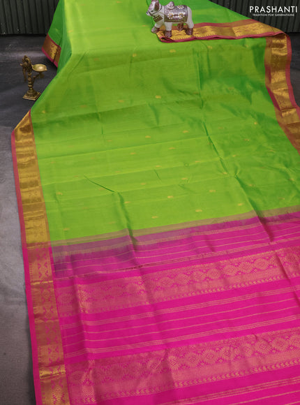 Silk cotton saree parrot green and pink with zari woven paisley buttas and zari woven border