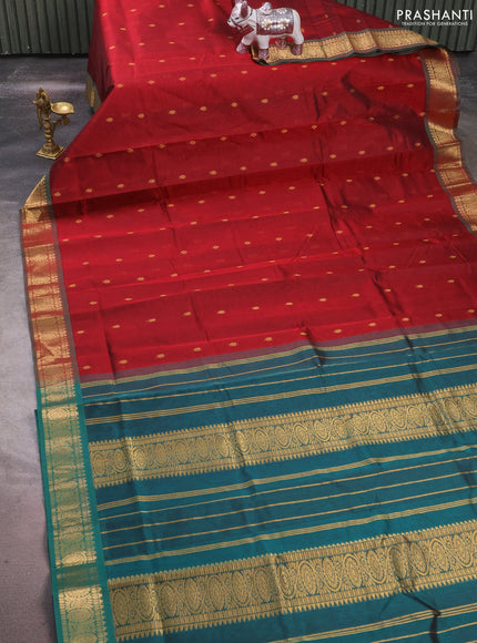 Silk cotton saree maroon and peacpck green with allover zari woven buttas and zari woven border