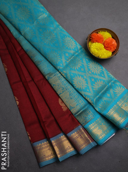 Silk cotton saree maroon and teal green shade with zari woven annam buttas and zari woven border
