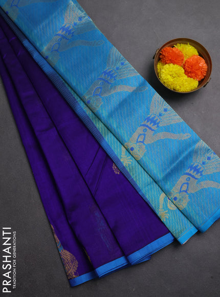 Silk cotton saree violet and cs blue with zari woven buttas and zari woven butta border