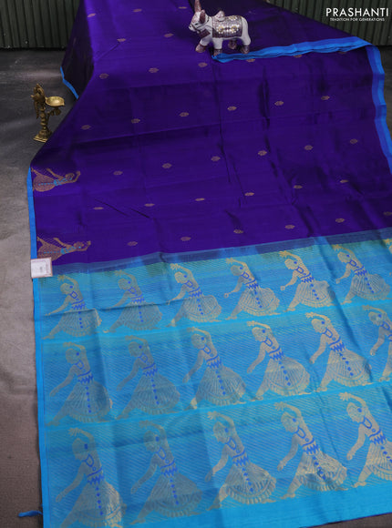 Silk cotton saree violet and cs blue with zari woven buttas and zari woven butta border