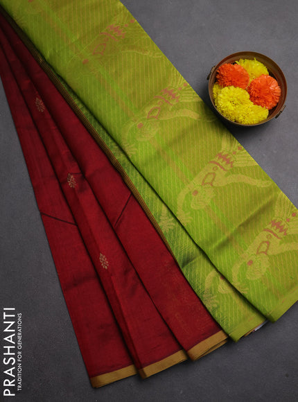 Silk cotton saree maroon and light green with zari woven buttas and zari woven butta border