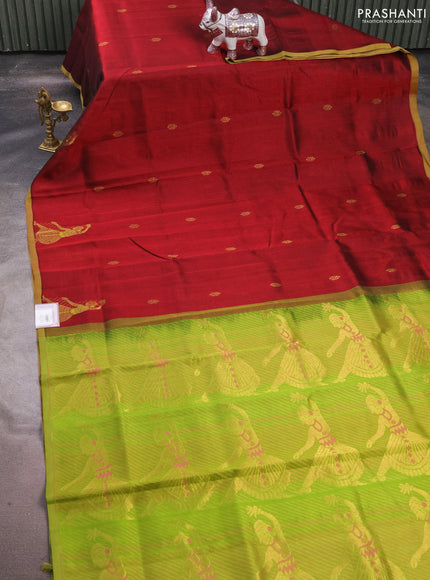 Silk cotton saree maroon and light green with zari woven buttas and zari woven butta border