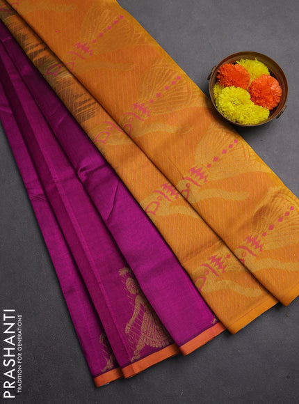Silk cotton saree dark magenta pink and mango yellow with zari woven buttas and zari woven butta border
