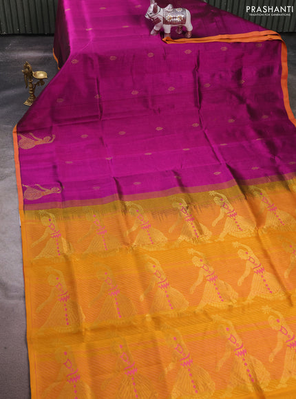 Silk cotton saree dark magenta pink and mango yellow with zari woven buttas and zari woven butta border