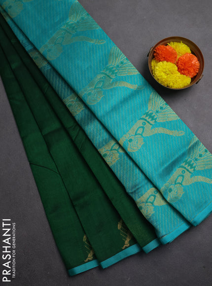 Silk cotton saree green and teal green with zari woven buttas and zari woven butta border