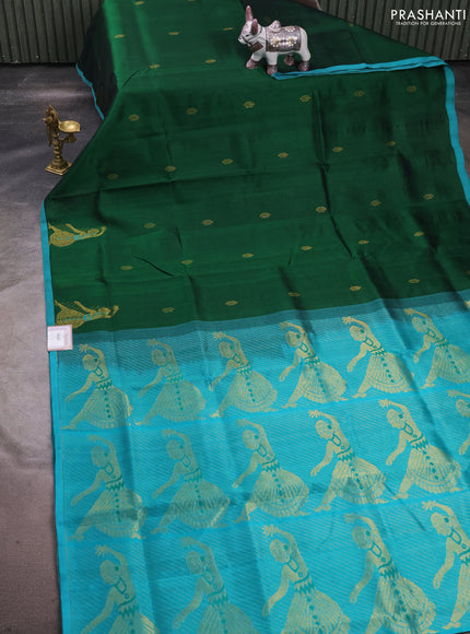 Silk cotton saree green and teal green with zari woven buttas and zari woven butta border
