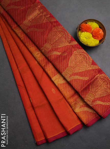 Silk cotton saree sunset orange and maroon with zari woven buttas and zari woven butta border