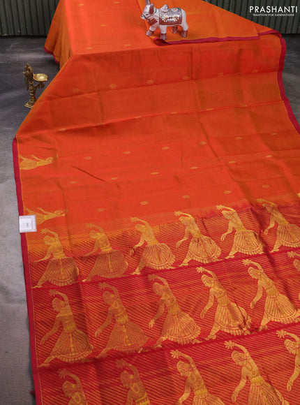 Silk cotton saree sunset orange and maroon with zari woven buttas and zari woven butta border