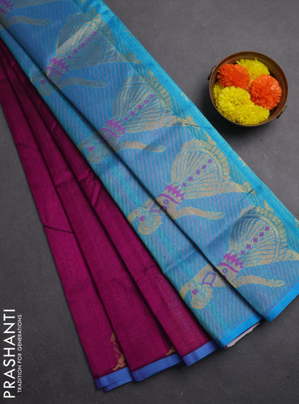 Silk cotton saree purple and cs blue with zari woven buttas and zari woven butta border