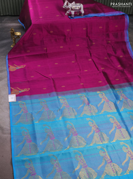 Silk cotton saree purple and cs blue with zari woven buttas and zari woven butta border