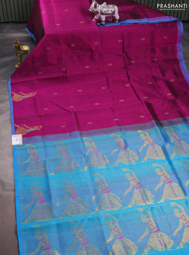 Silk cotton saree purple and cs blue with zari woven buttas and zari woven butta border