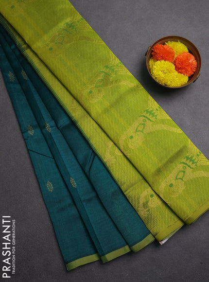 Silk cotton saree peacock green and light green with zari woven buttas and zari woven butta border