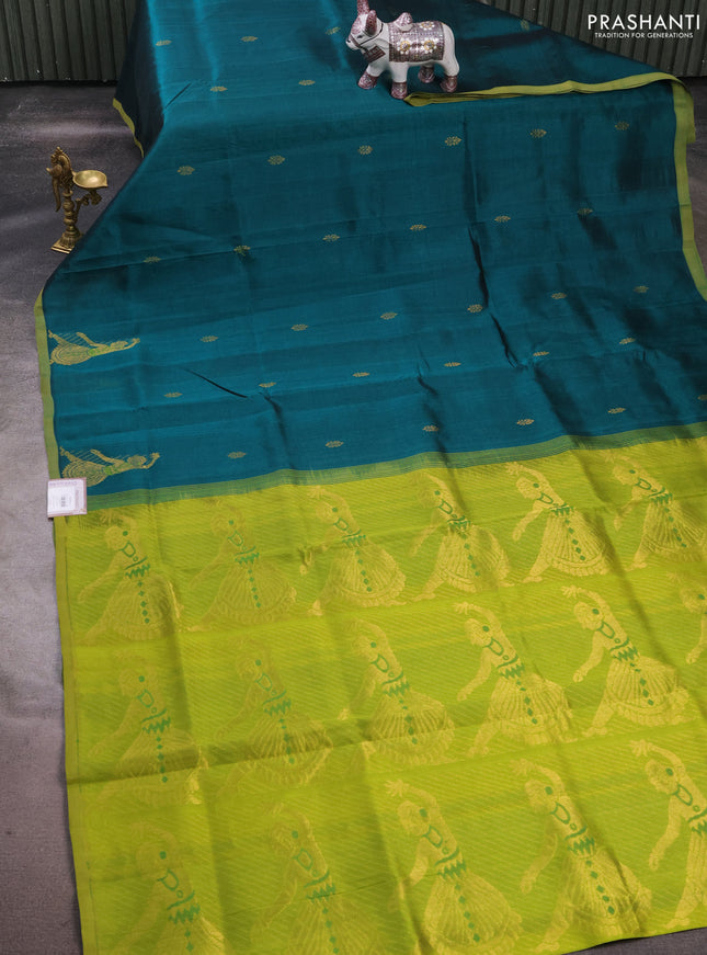 Silk cotton saree peacock green and light green with zari woven buttas and zari woven butta border
