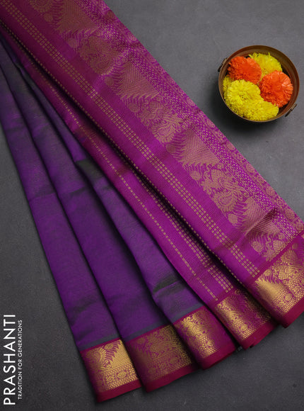Silk cotton saree dual shade of greenish magenta and purple with allover vairaosi pattern and zari woven border