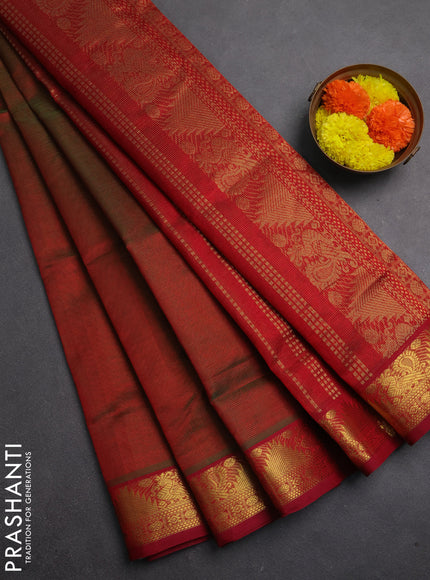 Silk cotton saree dual shade of manthulir green and red with allover vairaosi pattern and zari woven border