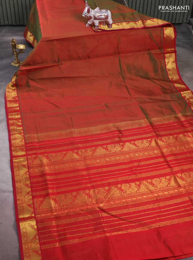 Silk cotton saree dual shade of manthulir green and red with allover vairaosi pattern and zari woven border