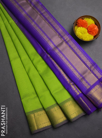Silk cotton saree light green and violet with allover vairaosi pattern and zari woven border
