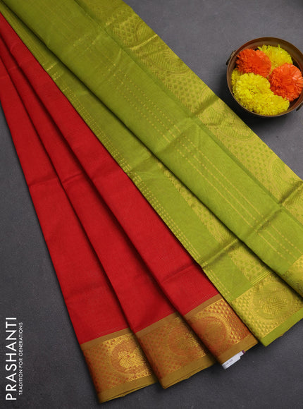 Silk cotton saree red and light green with allover vairaosi pattern and annam zari woven border