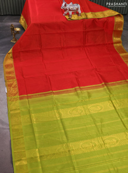 Silk cotton saree red and light green with allover vairaosi pattern and annam zari woven border