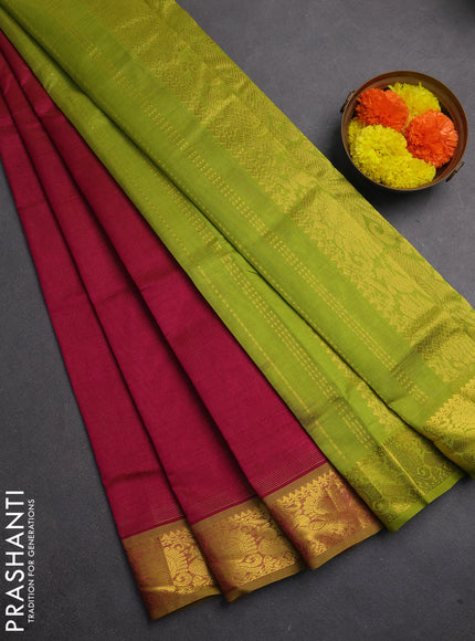 Silk cotton saree magenta pink and light green with allover vairaosi pattern and annam zari woven border