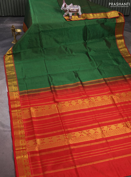Silk cotton saree green and red with allover vairaosi pattern and zari woven border