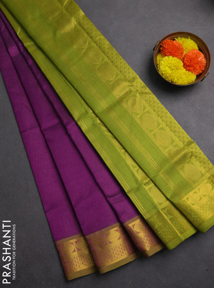 Silk cotton saree purple and mehendi green with allover vairaosi pattern and zari woven border