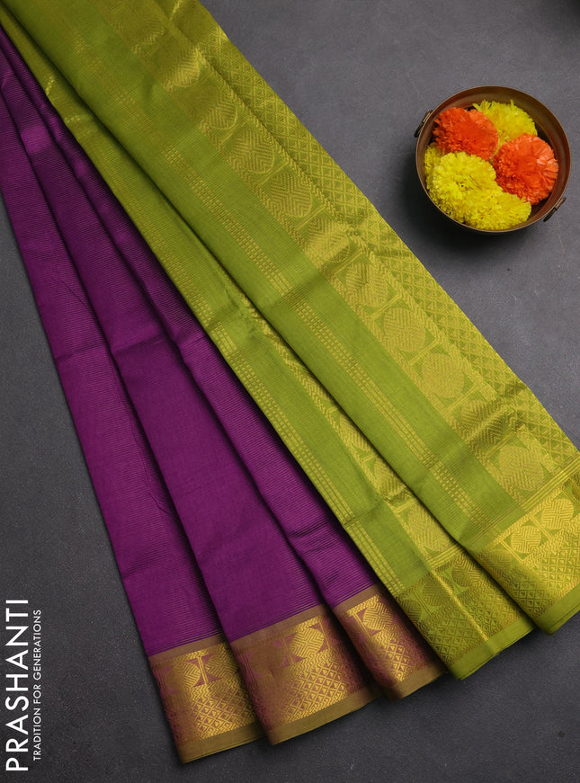 Silk cotton saree purple and mehendi green with allover vairaosi pattern and zari woven border