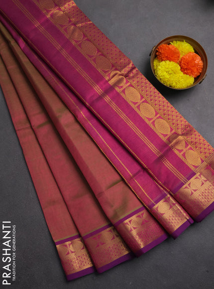 Silk cotton saree dual shade of greenish magenta and purple with allover vairaosi pattern and zari woven border