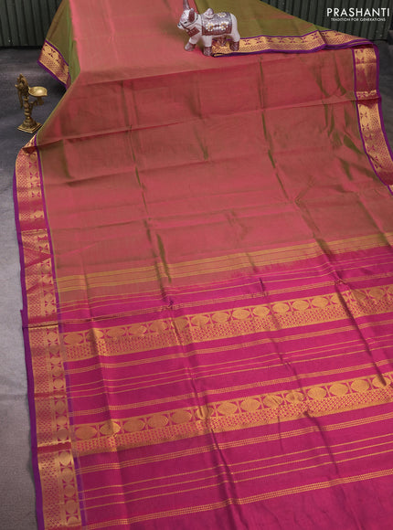 Silk cotton saree dual shade of greenish magenta and purple with allover vairaosi pattern and zari woven border
