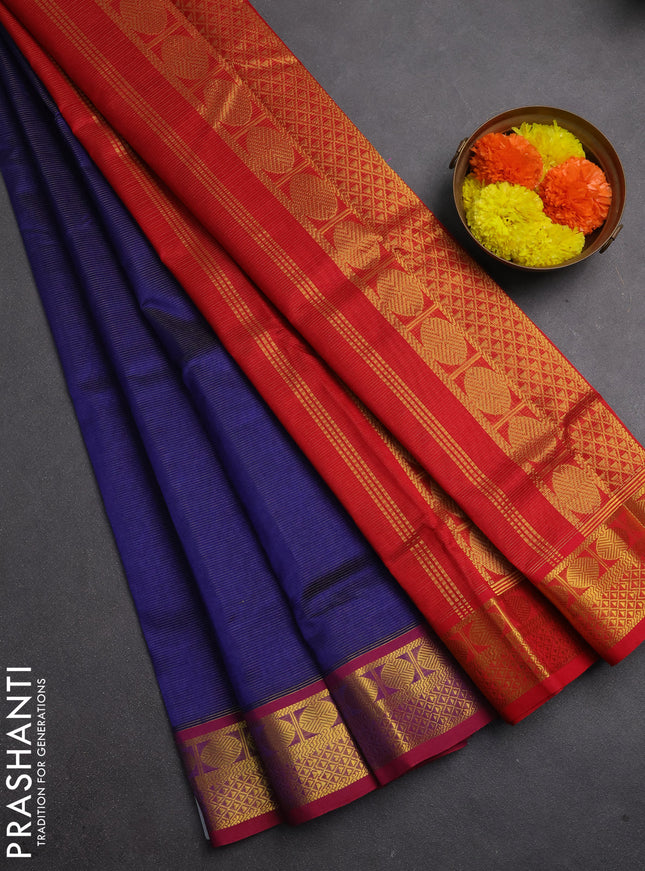 Silk cotton saree blue and red with allover vairaosi pattern and zari woven border