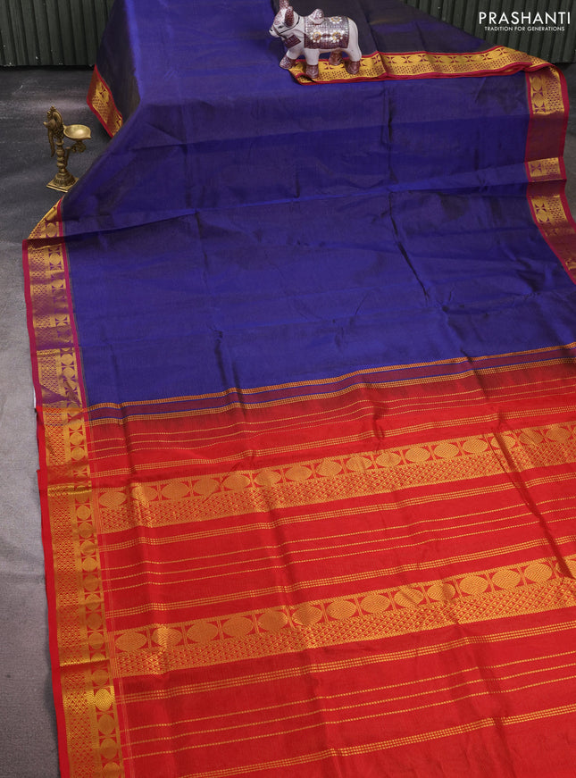 Silk cotton saree blue and red with allover vairaosi pattern and zari woven border