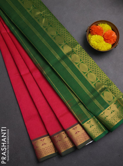 Silk cotton saree pink and green with allover vairaosi pattern and zari woven border