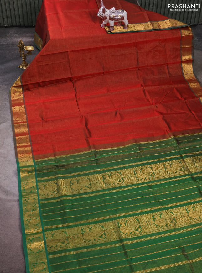 Silk cotton saree maroon and green with allover vairaosi pattern and zari woven border