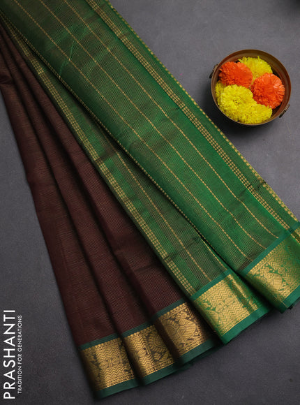 Silk cotton saree coffee brown and green with allover vairaosi pattern and annam zari woven border