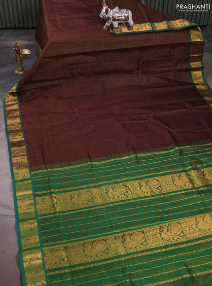 Silk cotton saree coffee brown and green with allover vairaosi pattern and annam zari woven border