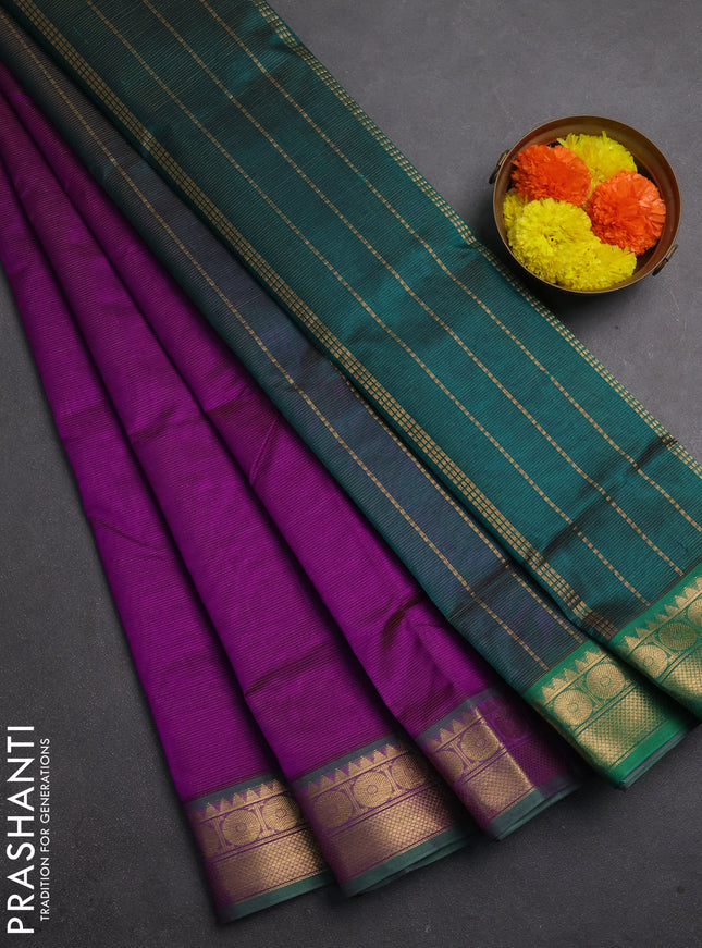 Silk cotton saree purple and green with allover vairaosi pattern and zari woven temple border