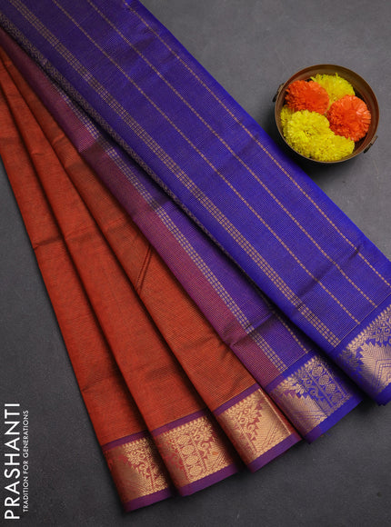 Silk cotton saree rust shade and blue with allover vairaosi pattern and zari woven temple border