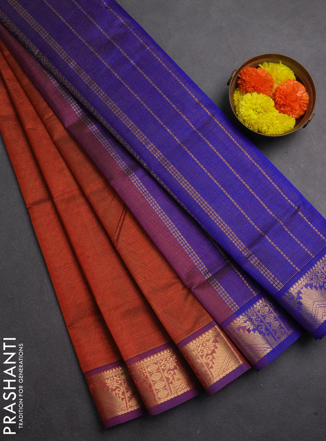Silk cotton saree rust shade and blue with allover vairaosi pattern and zari woven temple border