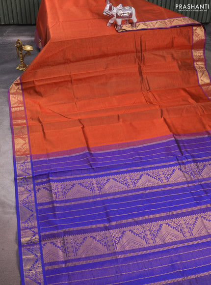 Silk cotton saree rust shade and blue with allover vairaosi pattern and zari woven temple border