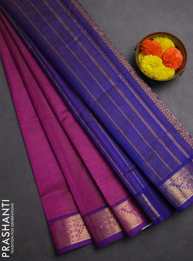 Silk cotton saree purple and blue with allover vairaosi pattern and zari woven temple border