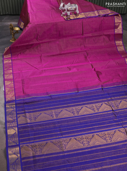 Silk cotton saree purple and blue with allover vairaosi pattern and zari woven temple border